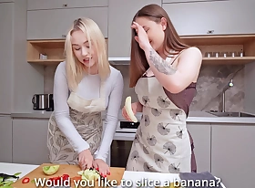 Lesbians Are Cooking in the Kitchen! but Big Hard Cock in Their Ass and Pussy Stopped Drenching