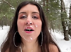 Sex in the snowy forest in winter, cumshot on the face in sell for succeed in